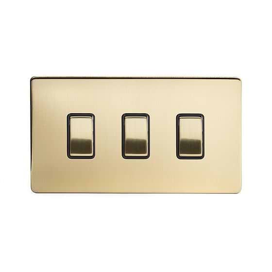 Soho Lighting Brushed Brass 3 Gang Switch Double Plate Blk Ins Screwless