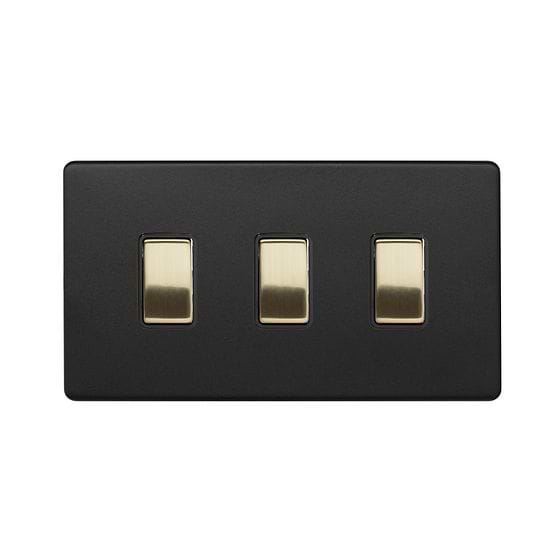 The Camden Collection Matt Black & Brushed Brass 3 Gang Switch Double Plate Screwless