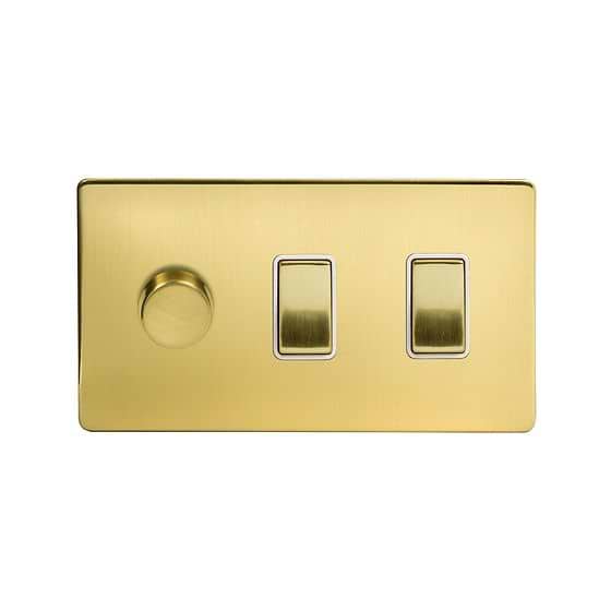 The Savoy Collection Brushed Brass 3 Gang Dimmer and Rocker Switch Combo (2x 2 Way Switch & Trailing Dimmer) Wht Ins Screwless