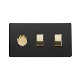 The Camden Collection Matt Black & Brushed Brass 3 Gang Light Switch with 1 dimmer (2-Way Intelligent Dimmer & 2 x 2-Way Light Switch)