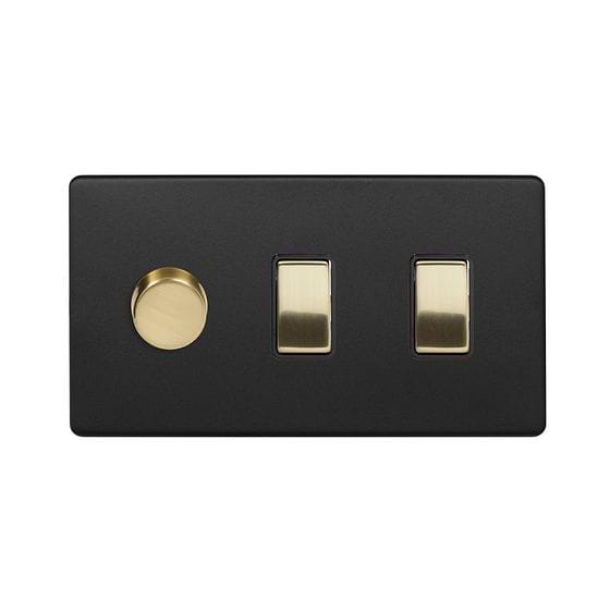 The Camden Collection Matt Black & Brushed Brass 3 Gang Light Switch with 1 dimmer (2-Way Intelligent Dimmer & 2 x 2-Way Light Switch)
