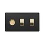 The Camden Collection Matt Black & Brushed Brass 3 Gang Dimmer and Rocker Switch Combo (2-Way Intelligent Dimmer & 2 x 2-Way Light Switch)
