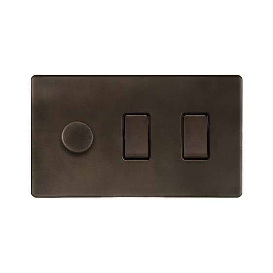 The Westminster Collection Vintage Brass 3 Gang Dimmer and Rocker Switch Combo (2-Way Intelligent Dimmer & 2 x 2-Way Light Switch)