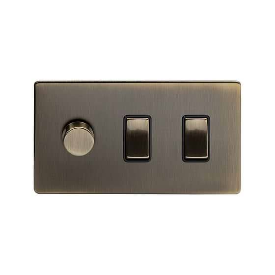 Antique brass 3 gang light switch with 1 dimmer