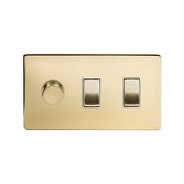 The Savoy Collection Brushed Brass 3 Gang Light Switch with 1 dimmer (2x 2 Way Switch & Trailing Dimmer) Wht Ins Screwless