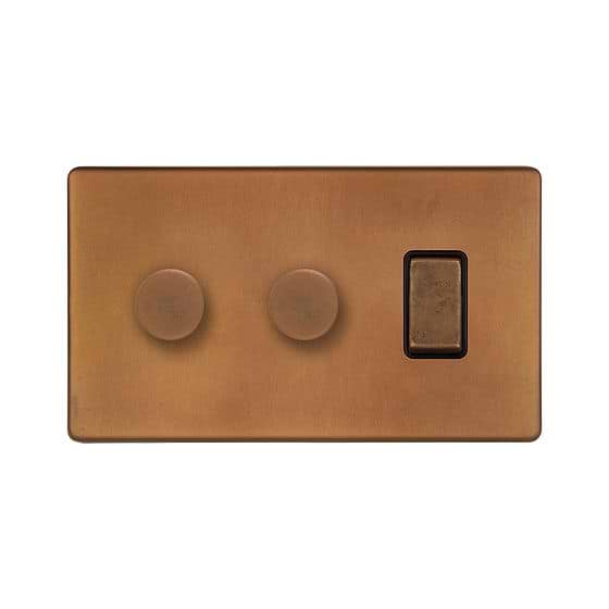 The Chiswick Collection Antique Copper 3 Gang Light Switch with 2 Dimmers (2 x 2-Way Intelligent Dimmer & 2-way Switch)