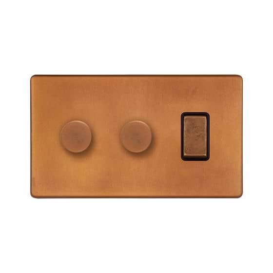 The Chiswick Collection Antique Copper 3 Gang Dimmer and Rocker Switch Combo (2 x 2-Way Intelligent Dimmer & 2-way Switch)