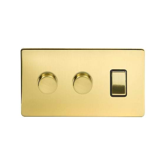The Savoy Collection Brushed Brass 3 Gang Dimmer and Rocker Switch Combo (2 x 2-Way Intelligent Dimmer & 2-Way Switch) 