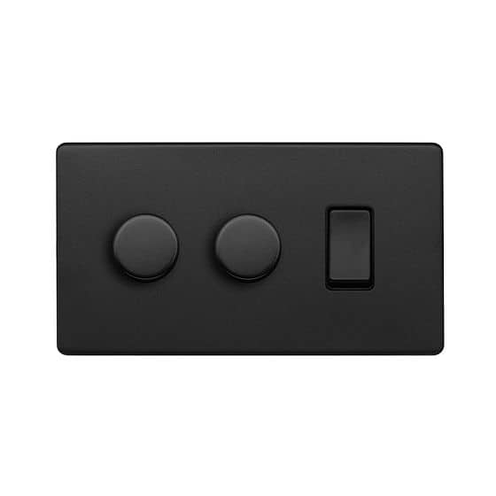 The Camden Collection Matt Black 3 Gang Light Switch with 2 Dimmers (2 x 2-Way Intelligent Dimmer & 2-Way Switch)