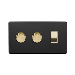 The Camden Collection Matt Black & Brushed Brass 3 Gang Dimmer and Rocker Switch Combo (2 x 2-Way Intelligent Dimmer & 2-Way Switch)