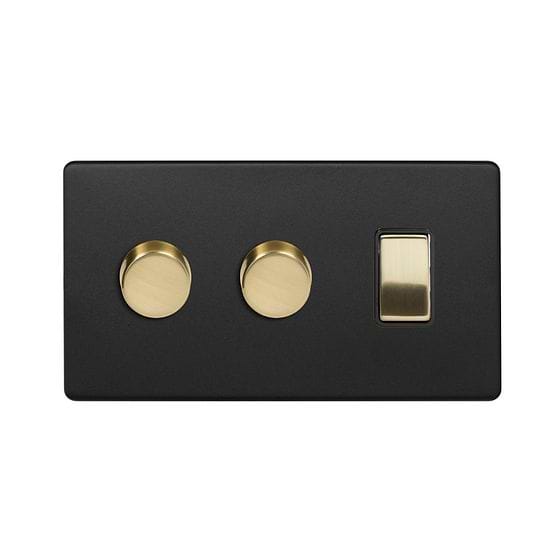 The Camden Collection Matt Black & Brushed Brass 3 Gang Light Switch with 2 Dimmers (2 x 2-Way Intelligent Dimmer & 2-Way Switch)