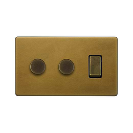 The Belgravia Collection Old Brass 3 Gang Light Switch with 2 Dimmers (2 x 2-Way Intelligent Dimmer & 2-way Switch)