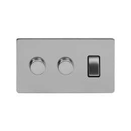 The Lombard Collection Brushed Chrome 3 Gang Light Switch with 2 Dimmers (2 Way Switch & 2x Trailing Dimmer) Blk Ins Screwless