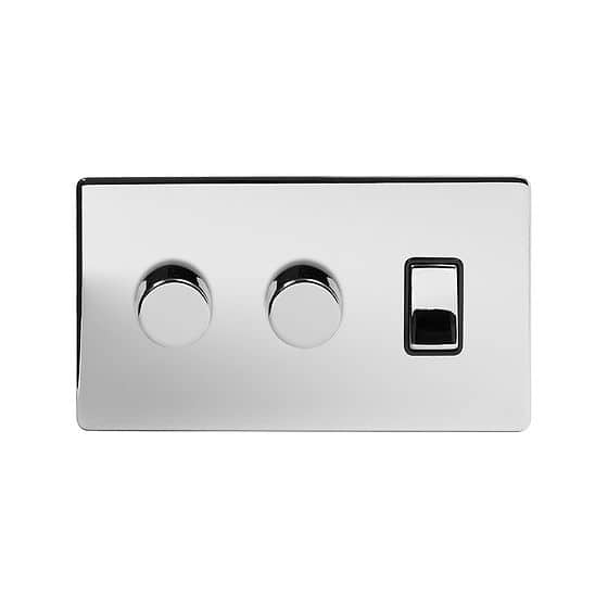 The Finsbury Collection Polished Chrome 3 Gang Dimmer and Rocker Switch Combo (2 x 2-Way Intelligent Dimmer & 2-Way Switch)