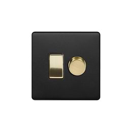 The Camden Collection Matt Black & Brushed Brass Dimmer and Rocker Switch Combo Blk Ins Screwless (2 Way Switch & Trailing Dimmer)