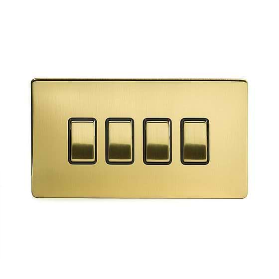 The Savoy Collection Brushed Brass 4 Gang Switch With 1 Intermediate (3 x 2 Way Switch with 1 Intermediate) Bk Ins Screwless