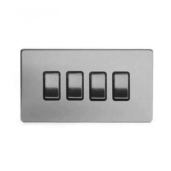 The Lombard Collection Brushed Chrome 4 Gang Switch With 1 Intermediate (3 x 2 Way Switch with 1 Intermediate) Bk Ins Screwless