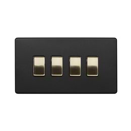 The Camden Collection Matt Black & Brushed Brass 4 Gang Switch With 1 Intermediate (3 x 2 Way Switch with 1 Intermediate) Bk Ins Screwless