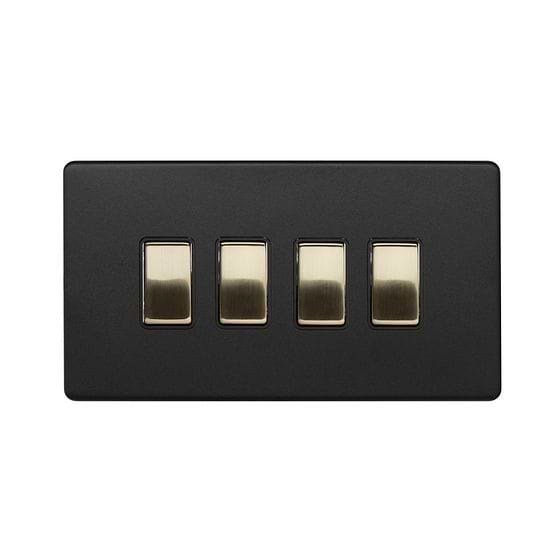 The Camden Collection Matt Black & Brushed Brass 4 Gang Switch With 1 Intermediate (3 x 2 Way Switch with 1 Intermediate) Bk Ins Screwless