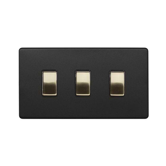 The Camden Collection Matt Black & Brushed Brass 3 Gang Switch With 1 Intermediate (2 x 2 Way Switch with 1 Intermediate) Bk Ins Screwless