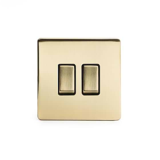 The Savoy Collection Brushed Brass 2 Gang Intermediate & 2 Way Switch Blk Ins Screwless