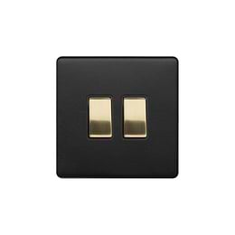 The Camden Collection Matt Black & Brushed Brass 2 Gang Switch with 1x Intermediate Switch & 10A 2 Way Switch Black Insert Screwless