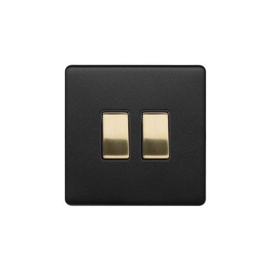 The Camden Collection Matt Black & Brushed Brass 2 Gang Switch with 1x Intermediate Switch & 10A 2 Way Switch Black Insert Screwless