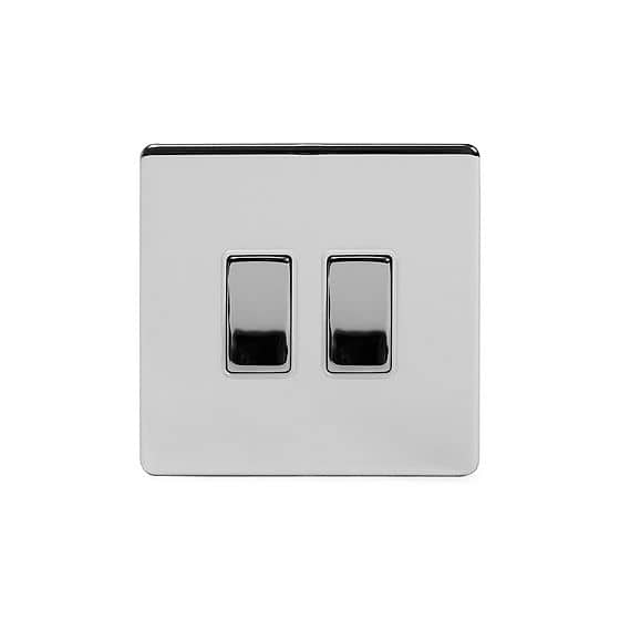 The Finsbury Collection Polished Chrome 2 Gang Intermediate & 2 Way Switch Wht Ins Screwless