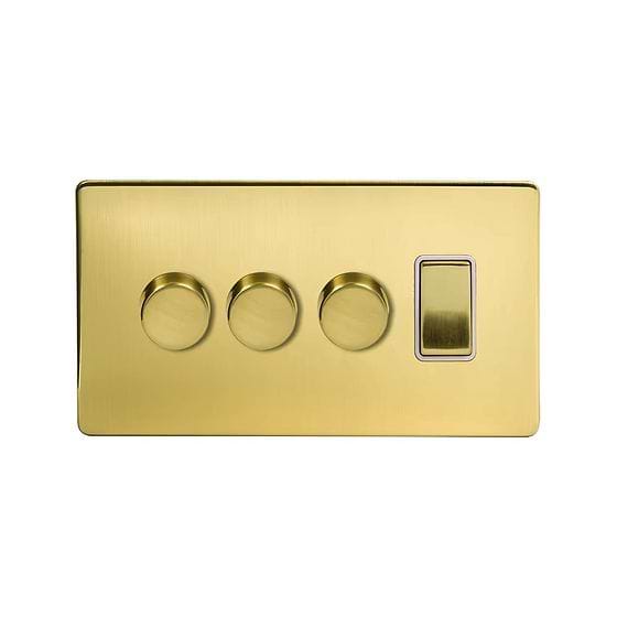 The Savoy Collection Brushed Brass 4 Gang Switch with 3 Dimmers (3x150W LED Dimmer 1x20A Switch) White Inserts