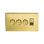 The Savoy Collection Brushed Brass 4 Gang Switch with 3 Dimmers (3x150W LED Dimmer 1x20A Switch) White Inserts