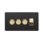 The Camden Collection Matt Black & Brushed Brass 4 Gang Switch with 3 Dimmers (3 x 2-Way intelligent Dimmer & 1 x 2-Way Switch)