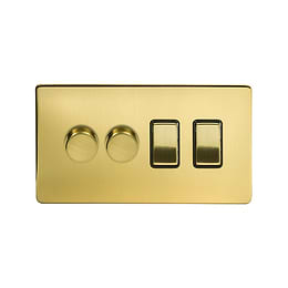 Soho Lighting Brushed Brass 4 Gang Switch with 2 Dimmers (2x150W LED Dimmer 2x20A Switch)