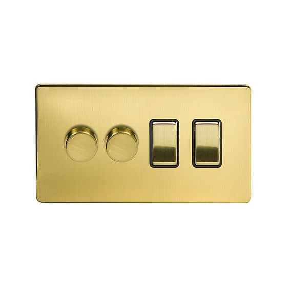 The Savoy Collection Brushed Brass 4 Gang Dimmer and Rocker Switch Combo (2 x 2-Way intelligent Dimmer & 2 x 2-Way Switch)