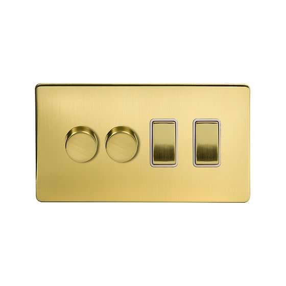 The Savoy Collection Brushed Brass 4 Gang Dimmer and Rocker Switch Combo (2 x 2-Way intelligent Dimmer & 2 x 2-Way Switch)