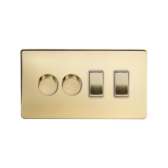 The Savoy Collection Brushed Brass 4 Gang Switch with 2 Dimmers (2 x 2-Way intelligent Dimmer & 2 x 2-Way Switch)