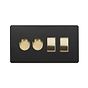 The Camden Collection Matt Black & Brushed Brass 4 Gang Switch with 2 Dimmers (2x150W LED Dimmer 2x20A Switch)
