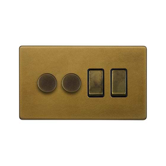 The Belgravia Collection Old Brass 4 Gang Dimmer and Rocker Switch Combo (2 x 150W LED Dimmer 2 x 20A Switch)