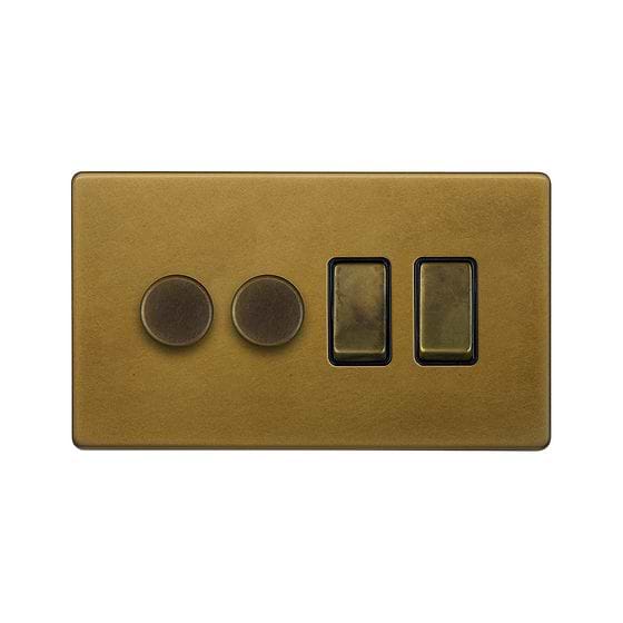 The Belgravia Collection Old Brass 4 Gang Switch with 2 Dimmers (2 x 150W LED Dimmer 2 x 20A Switch)
