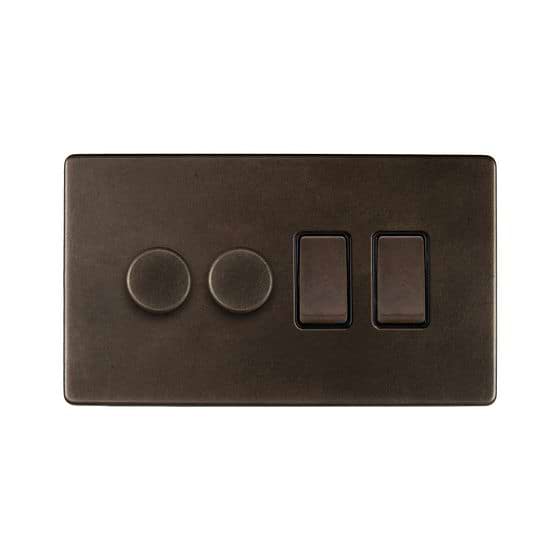 The Westminster Collection Vintage Brass 4 Gang Dimmer and Rocker Switch Combo (2 x 2-Way intelligent Dimmer & 2 x 2-Way Switch)
