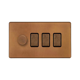 The Chiswick Collection Antique Copper 4 Gang Switch with 1 Dimmer (1 x 2-Way Intelligent Dimmer & 3 x 2-Way Switch)