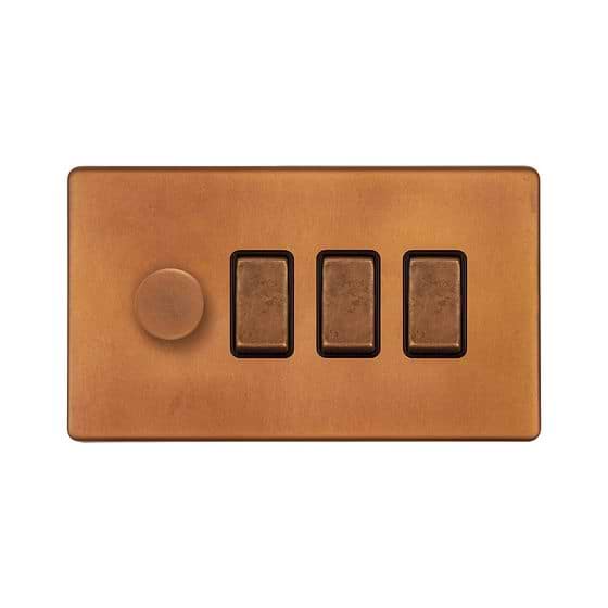 The Chiswick Collection Antique Copper 4 Gang Dimmer and Rocker Switch Combo (1 x 2-Way Intelligent Dimmer & 3 x 2-Way Switch)