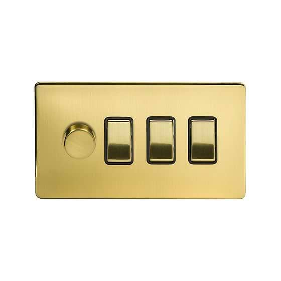 The Savoy Collection Brushed Brass 4 Gang Dimmer and Rocker Switch Combo (1 x 2-Way intelligent Dimmer & 3 x 2-Way Switch)