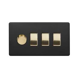 The Camden Collection Matt Black & Brushed Brass 4 Gang Switch with 1 Dimmer (1 x 2-Way intelligent Dimmer & 3 x 2-Way Switch)