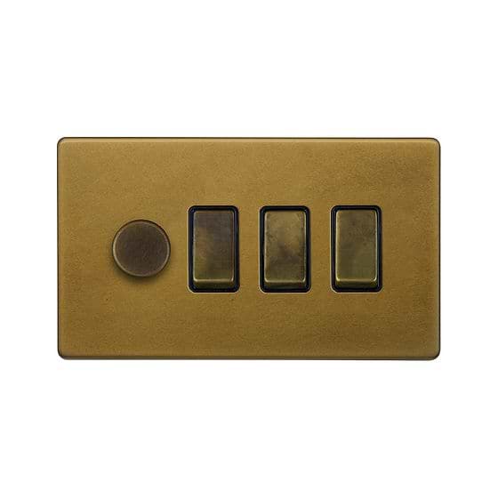 The Belgravia Collection Old Brass 4 Gang Dimmer and Rocker Switch Combo (1 x 2-Way Intelligent Dimmer & 3 x 2-Way Switch)