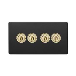 The Camden Collection Matt Black & Brushed Brass 20A 4 Gang 2 Way Toggle Switch Screwless