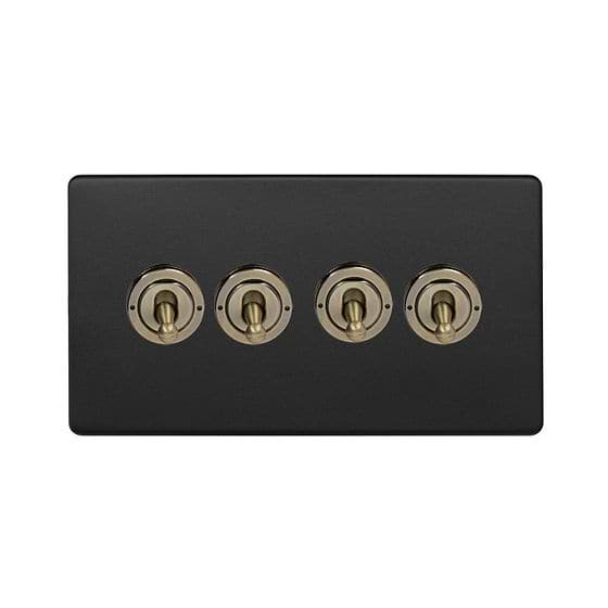 Matt Black and Antique Brass 4 Gang Toggle Light Switch