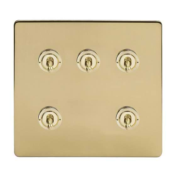 Soho Lighting Brushed Brass 5 Gang Toggle Light Switch 20A 2 Way Screwless