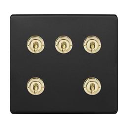 Matt Black and Brass 5 Gang Toggle Switch