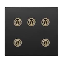 Matt Black and Antique Brass 5 Gang Toggle Switch
