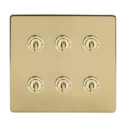 Soho Lighting Brushed Brass 6 Gang Toggle Light Switch 20A 2 Way Screwless